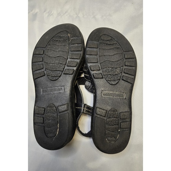 Minnetonka Womens 7.5 Black Brown Leather Sandals Slingback Adj Closure Comfort - Picture 7 of 9